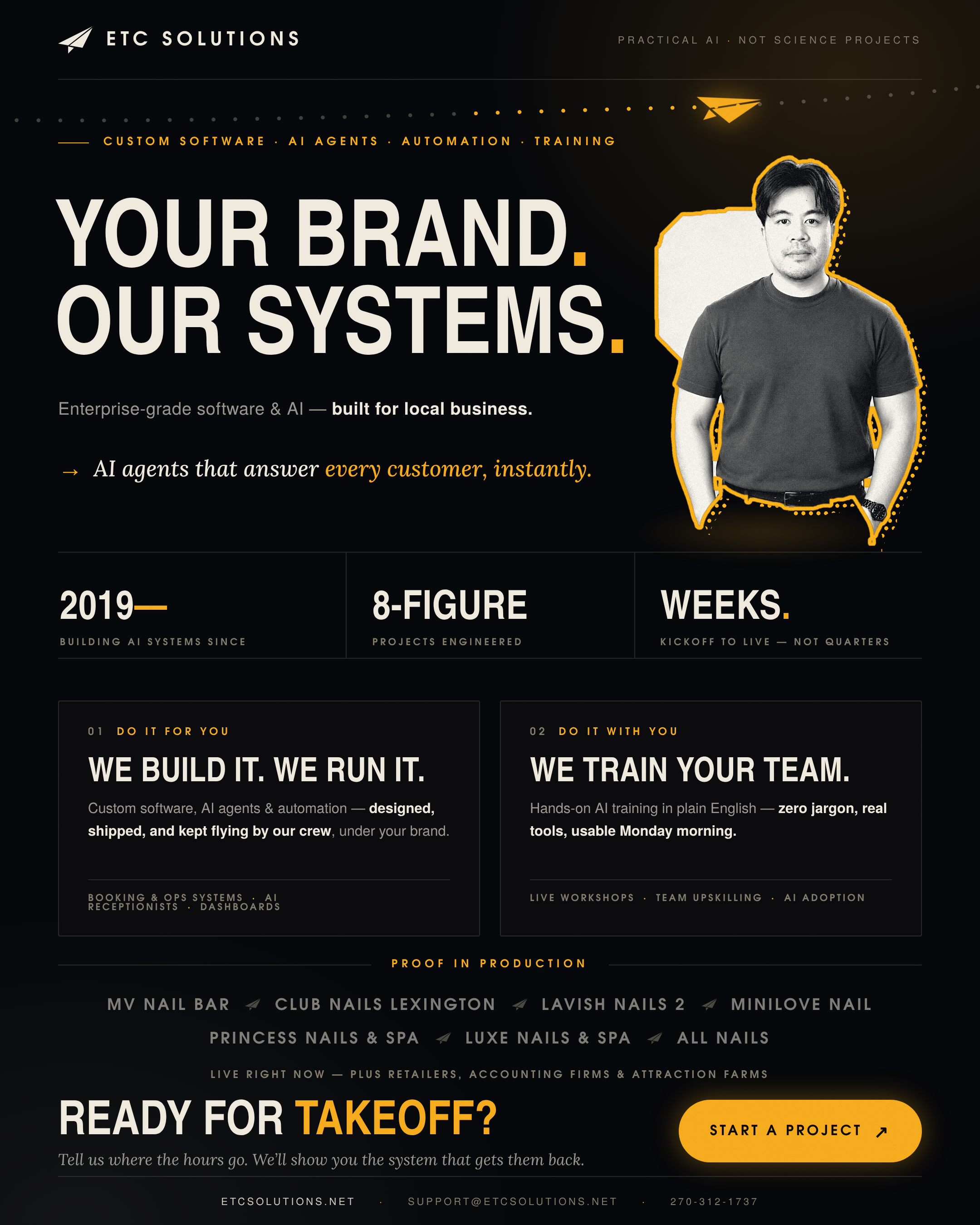 ETC Solutions poster — Your brand, our systems: enterprise-grade software and AI built for local business since 2019, with proof-in-production clients including MV Nail Bar, Club Nails Lexington and Luxe Nails & Spa