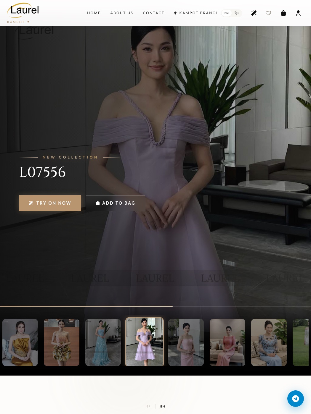 Laurel – Kampot, the AI-powered virtual boutique ETC built — new-collection hero with Try On Now and Add to Bag