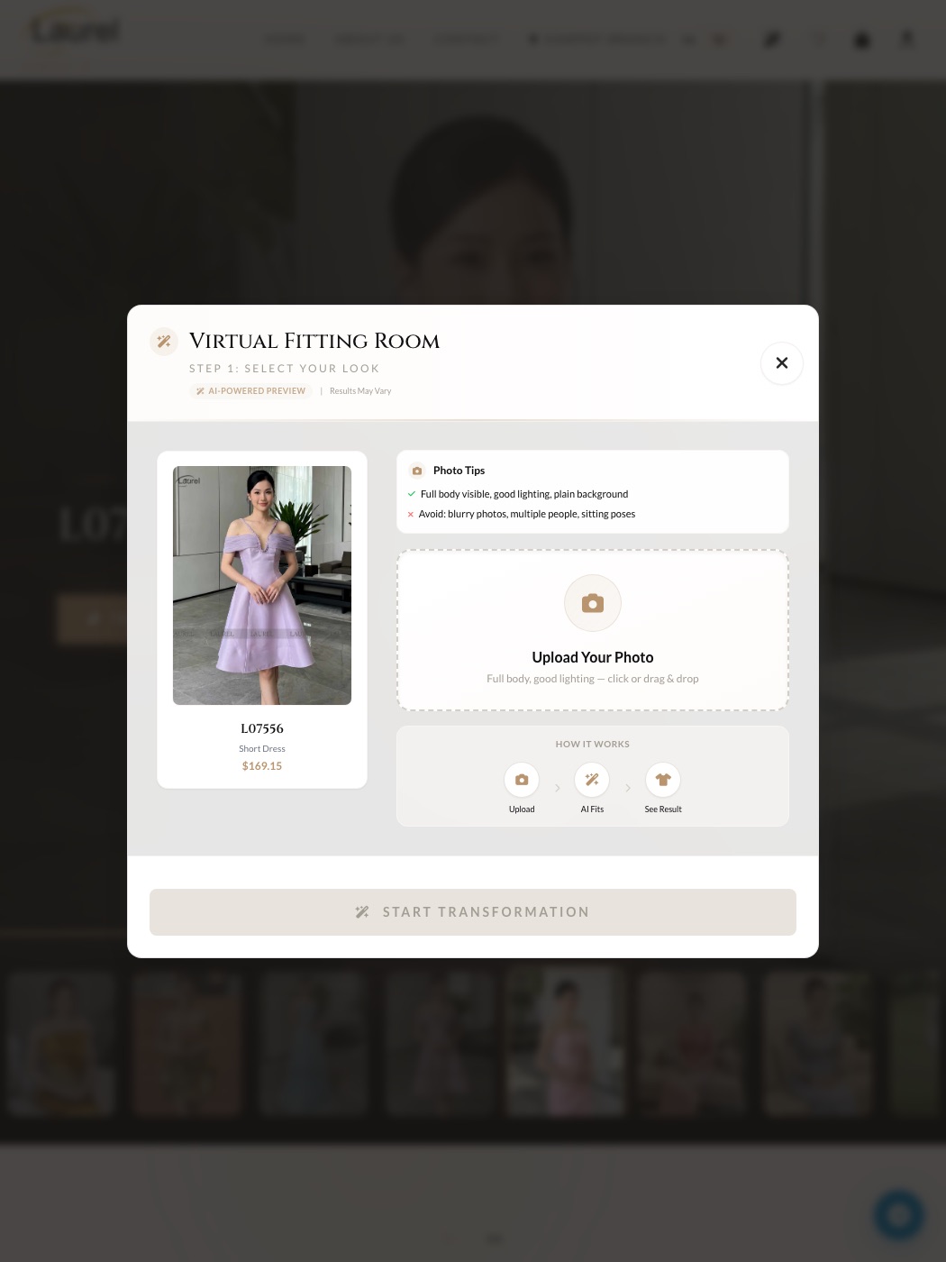 Laurel's Virtual Fitting Room — a shopper uploads one photo and the AI fits the garment on them