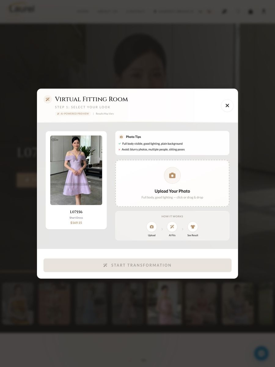 Laurel virtual fitting room: upload one photo to try on a dress