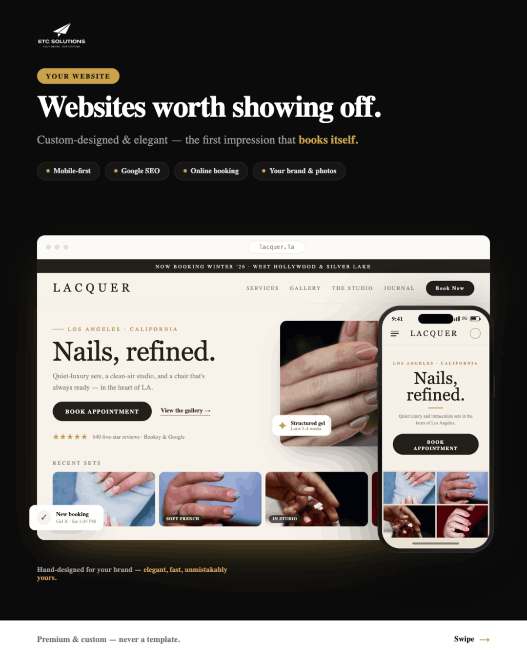 A branded nail-salon website with services, prices and a Book an Appointment button