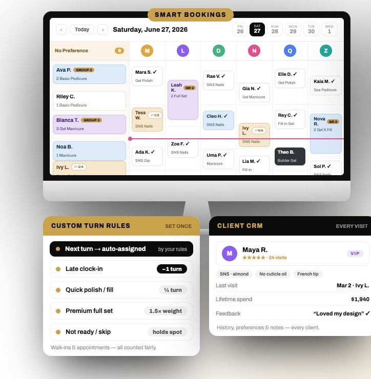 Salon platform screens: a bookings calendar, custom turn rules and a client record